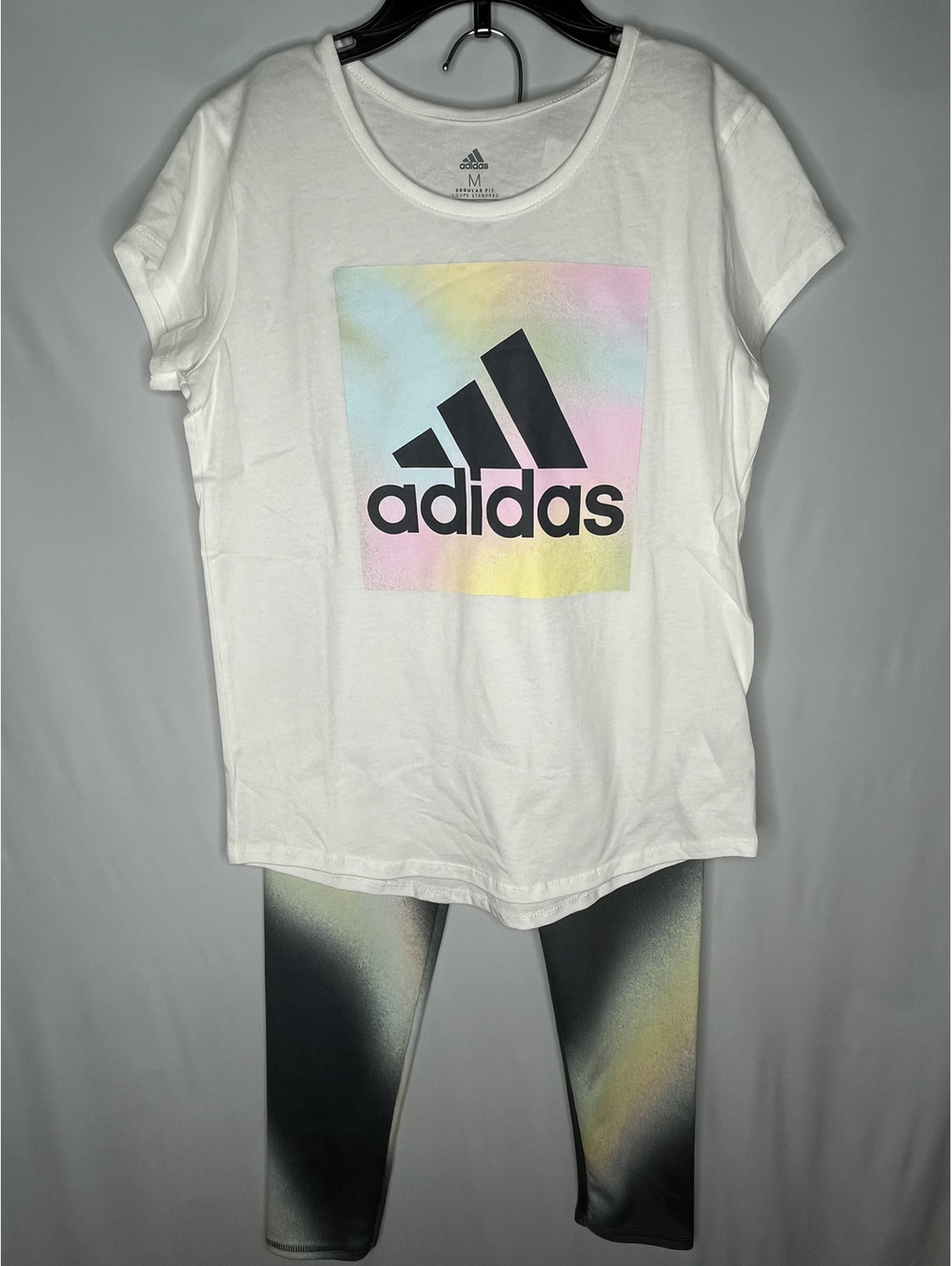 NWT Adidas Girl's White/Gray/Pink 2 Piece Set-Shirt/Pants Size M(10-12)